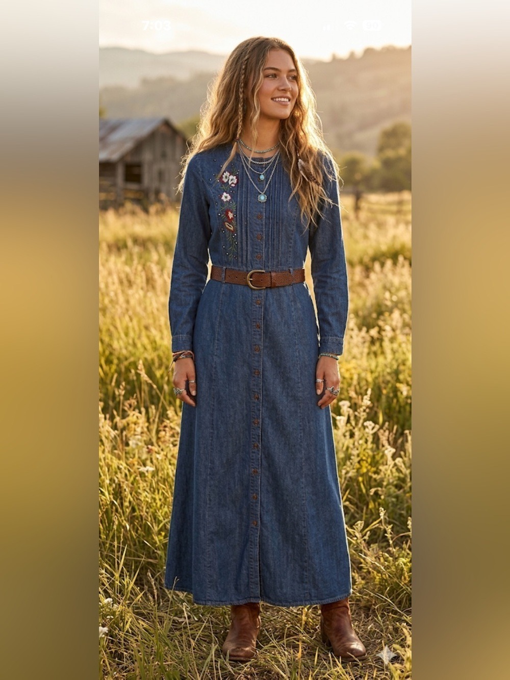 Vintage Mazzi Made in Turkey Embroidered Denim Maxi Dress Size 38 (US M)